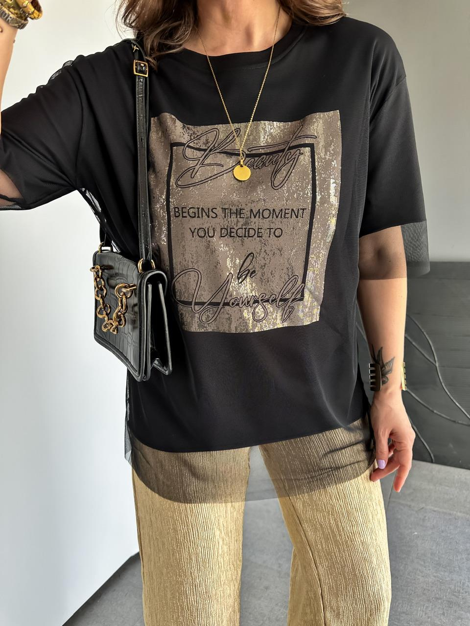 Siyah Beauty Tül Detaylı Tshirt