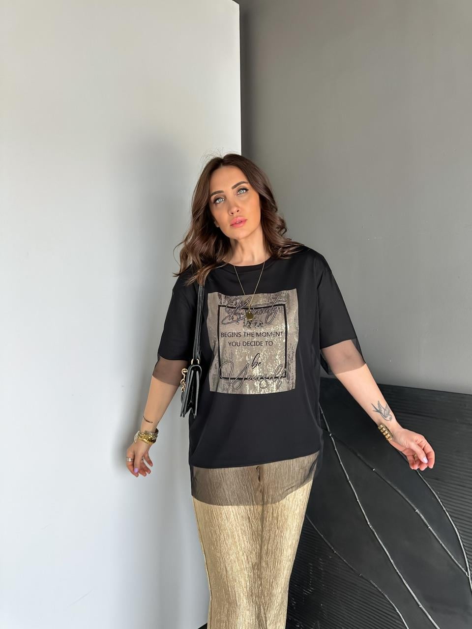 Siyah Beauty Tül Detaylı Tshirt