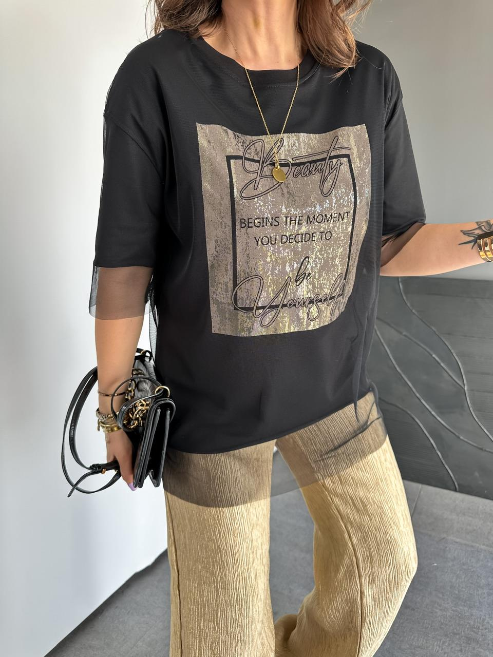 Siyah Beauty Tül Detaylı Tshirt
