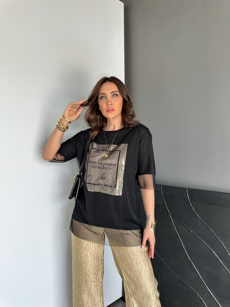 Siyah Beauty Tül Detaylı Tshirt