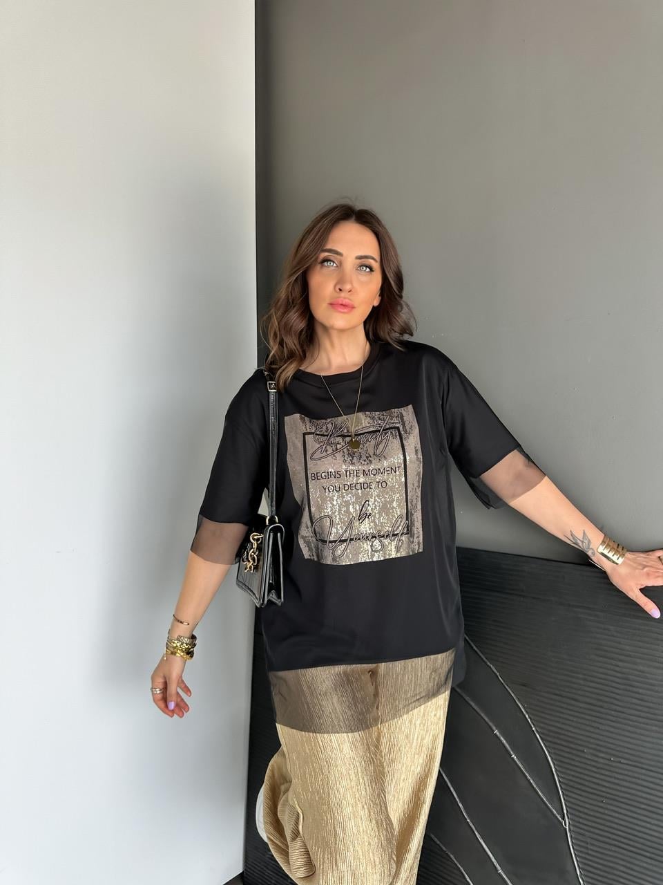 Siyah Beauty Tül Detaylı Tshirt