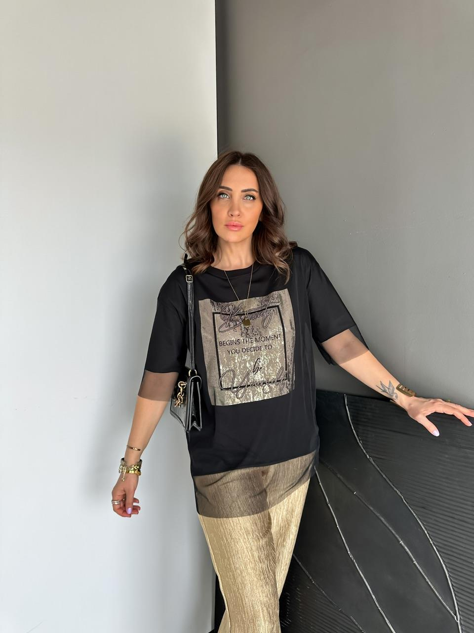 Siyah Beauty Tül Detaylı Tshirt