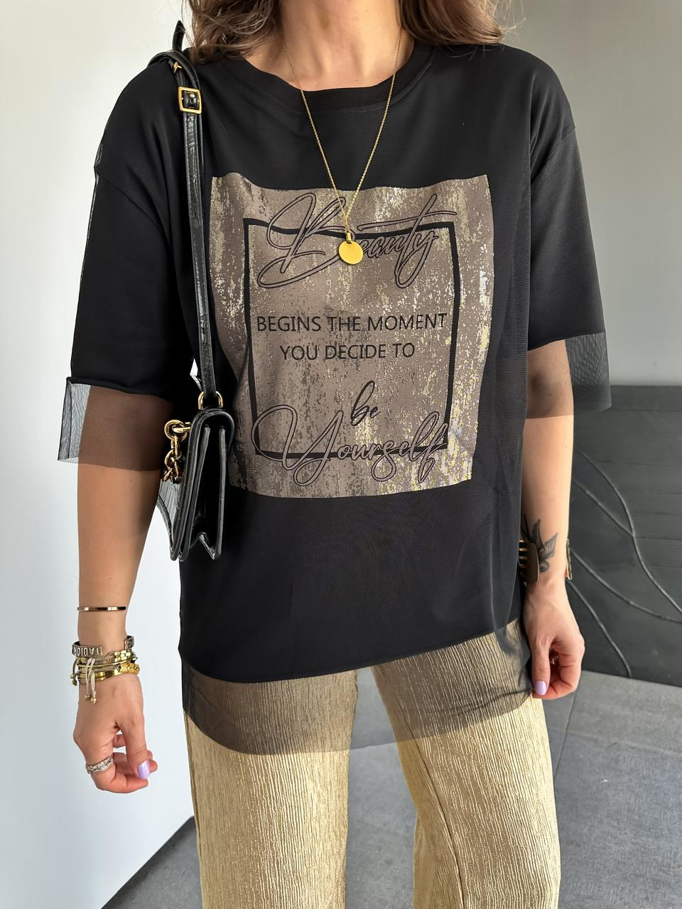 Siyah Beauty Tül Detaylı Tshirt