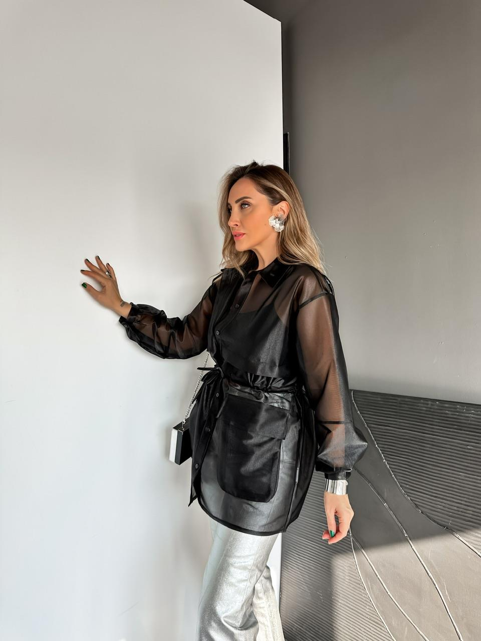 Siyah Belden Büzgülü Tül Ceket