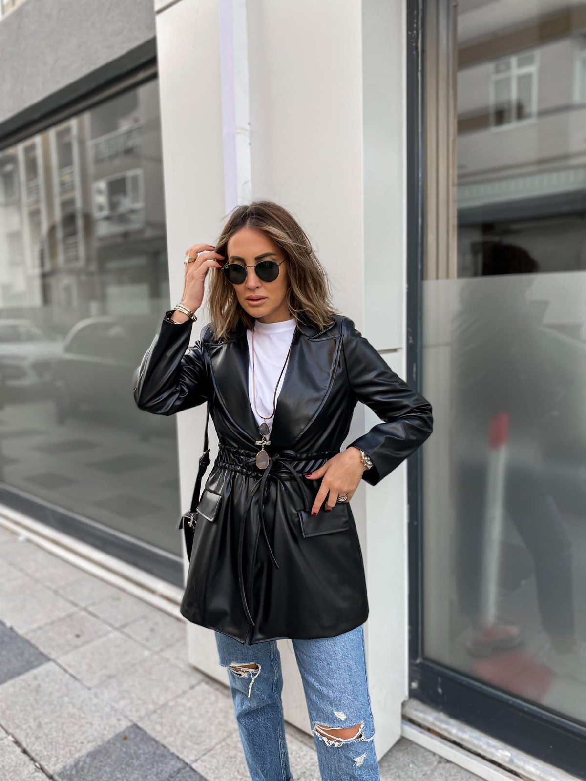 Siyah Beli İpli Deri Ceket