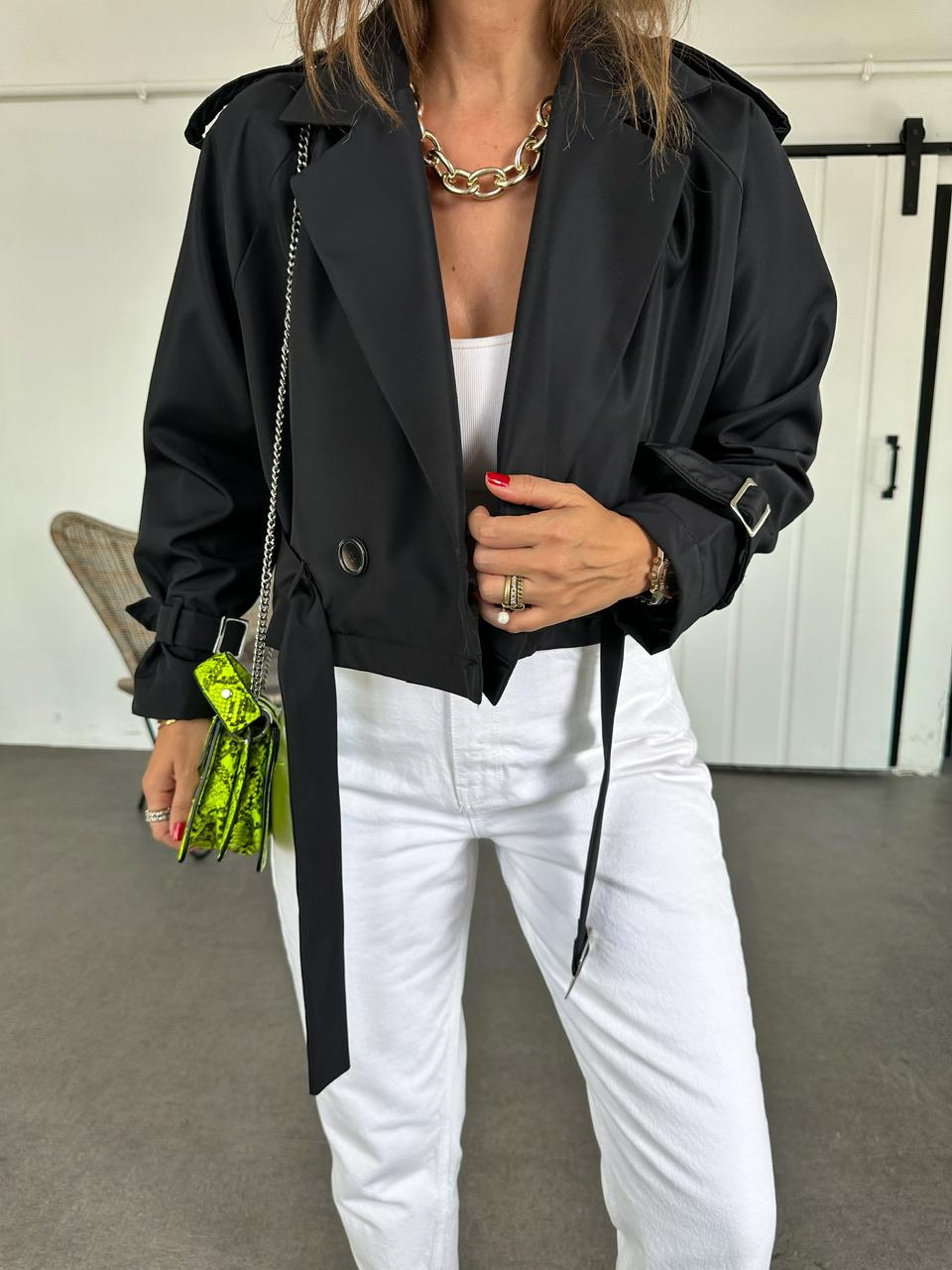 Siyah Beli Kemerli Crop Trençkot