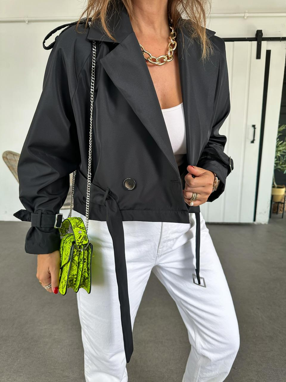 Siyah Beli Kemerli Crop Trençkot
