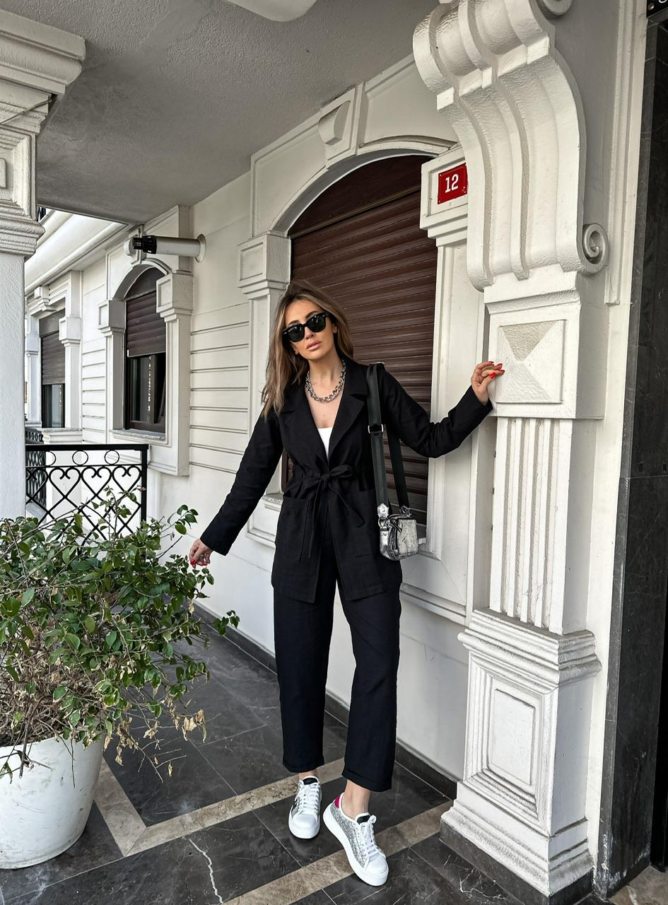 Siyah Beli Kuşaklı Keten Şık Takım