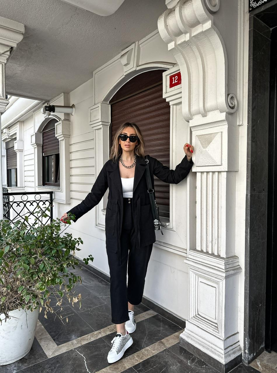 Siyah Beli Kuşaklı Keten Şık Takım