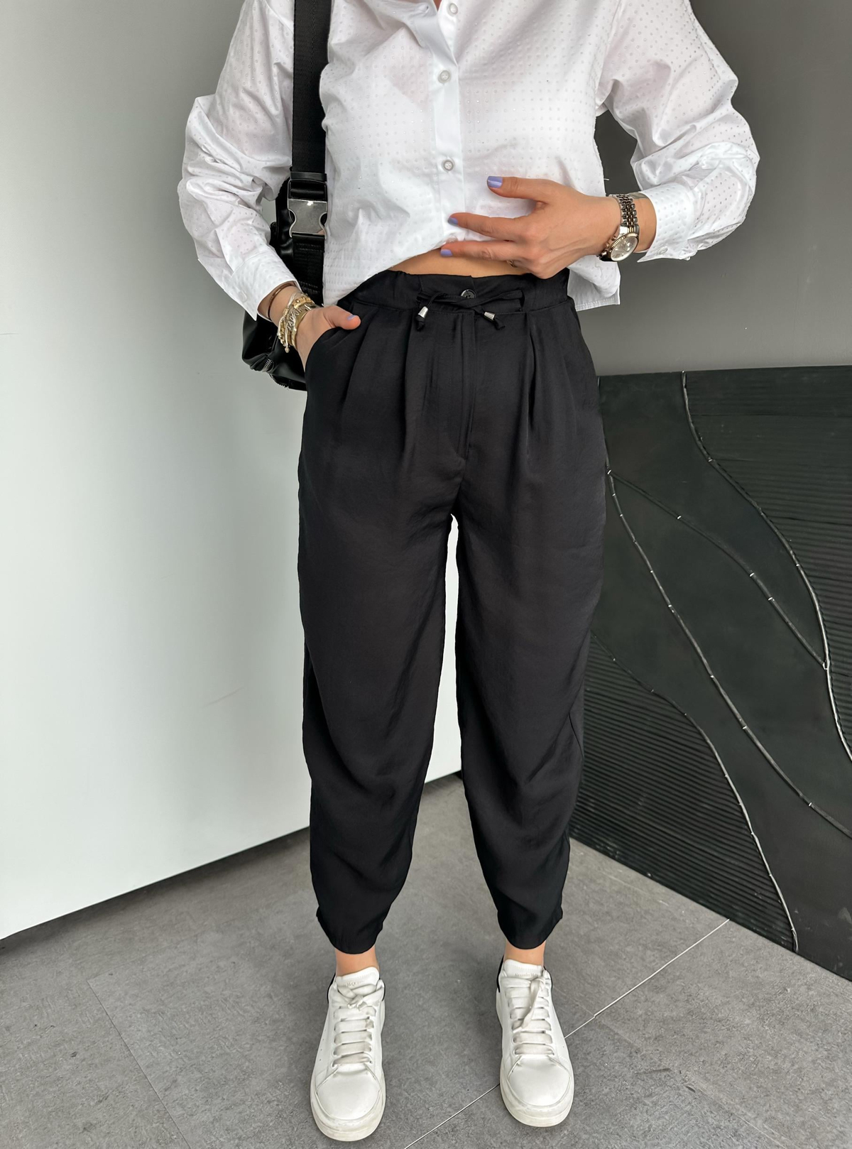 Siyah Beli Lastikli Basic Bol Pantolon