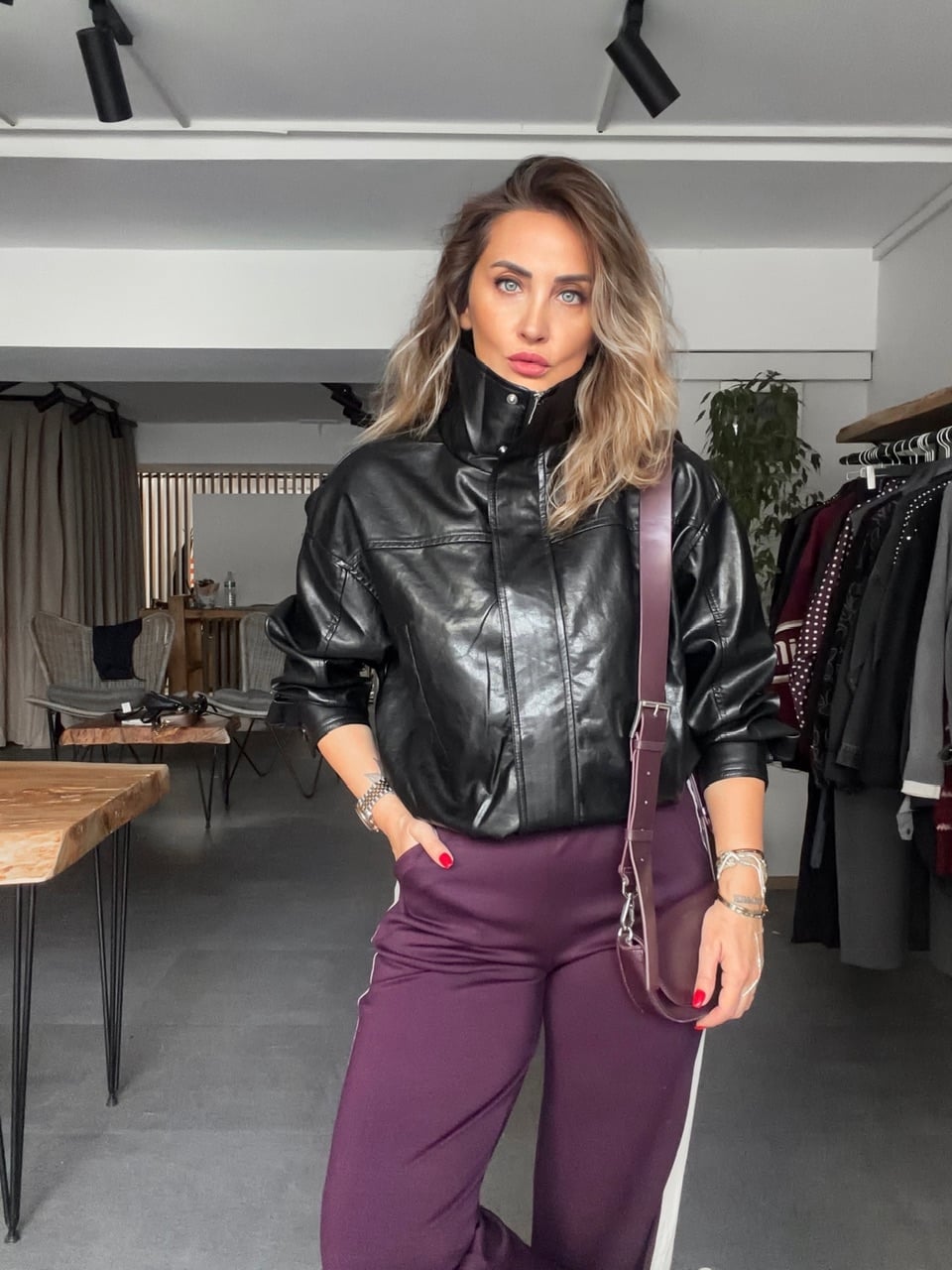 Siyah Beli Lastikli Biker Deri Ceket
