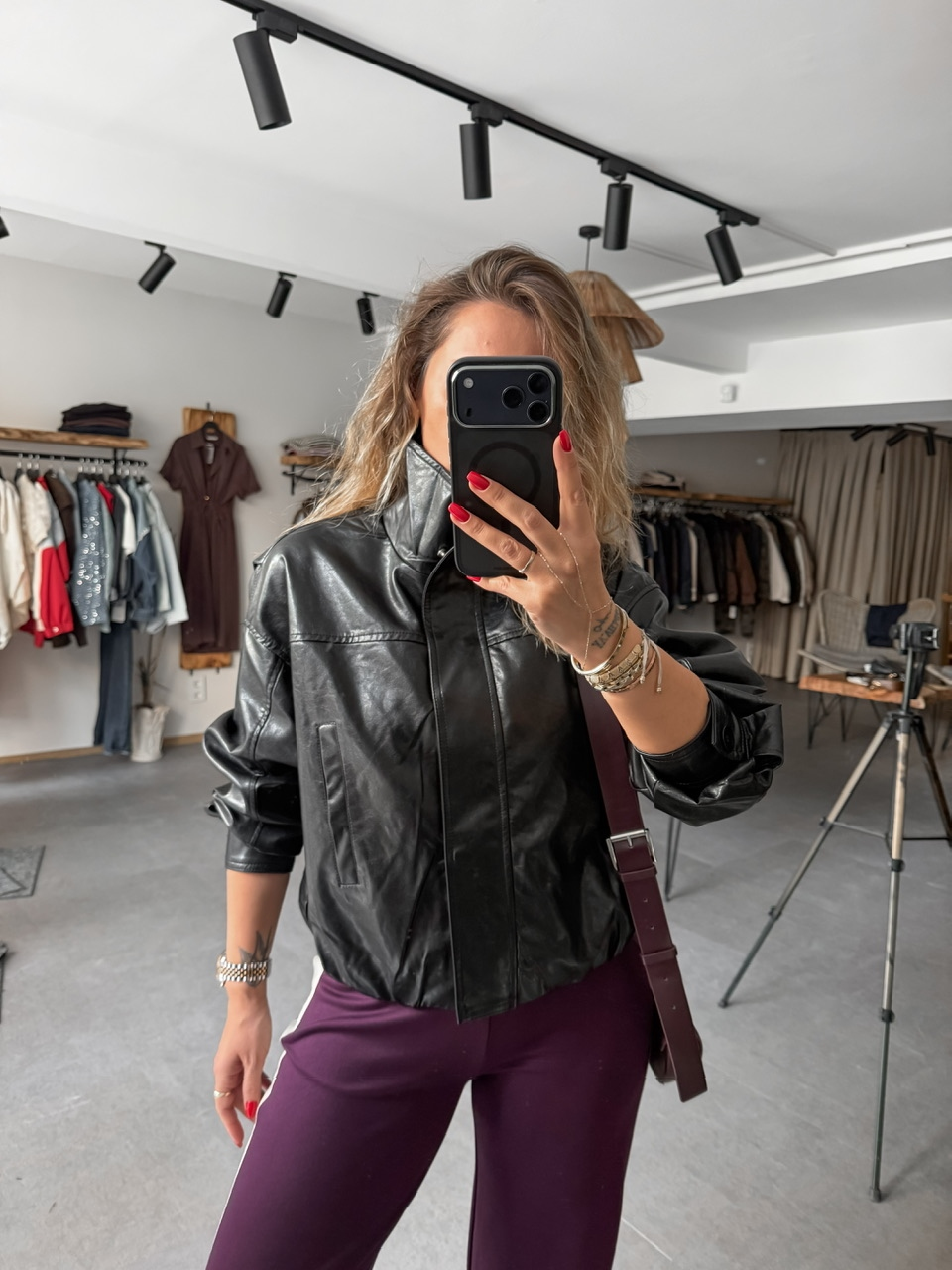 Siyah Beli Lastikli Biker Deri Ceket