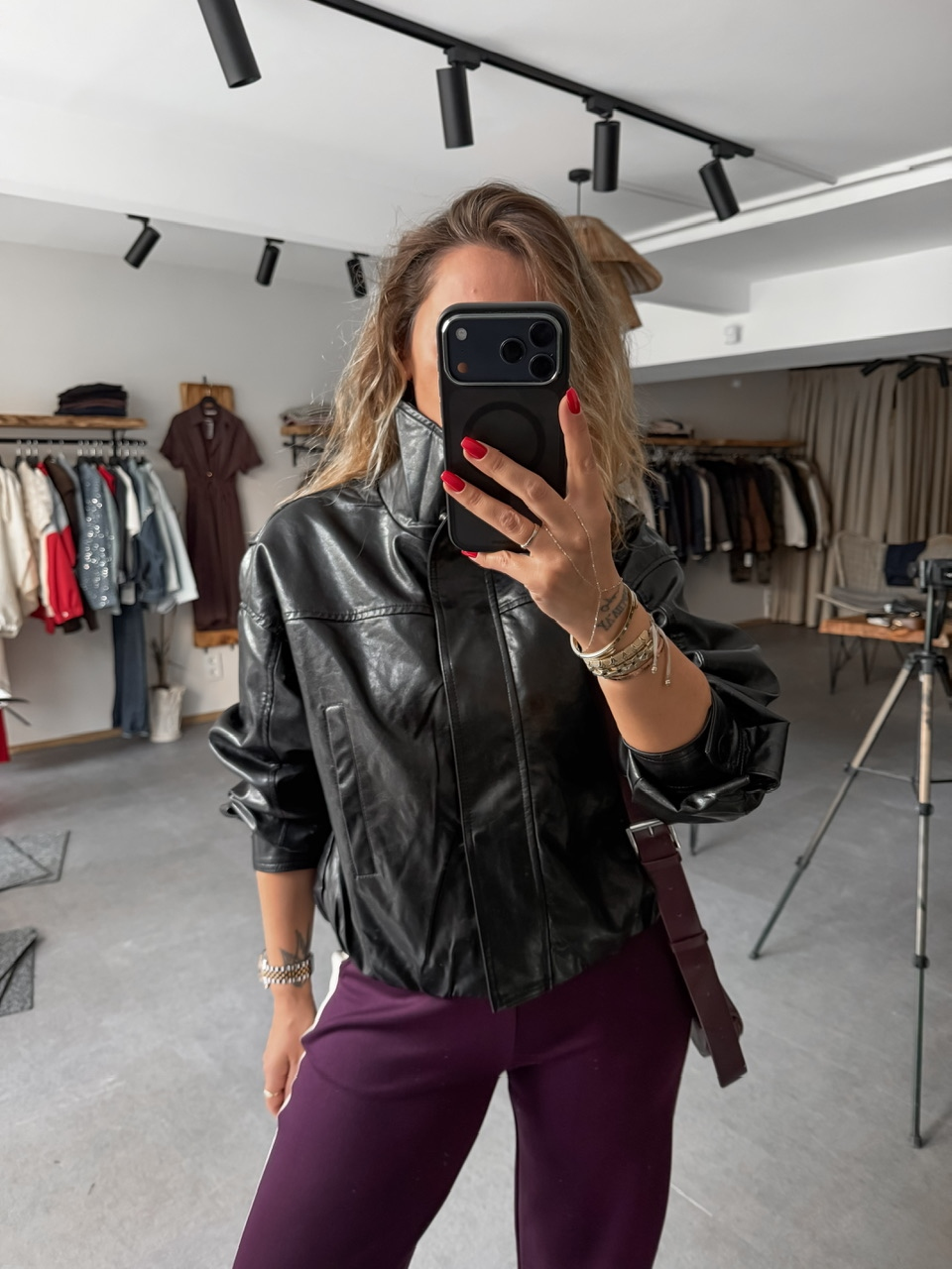 Siyah Beli Lastikli Biker Deri Ceket