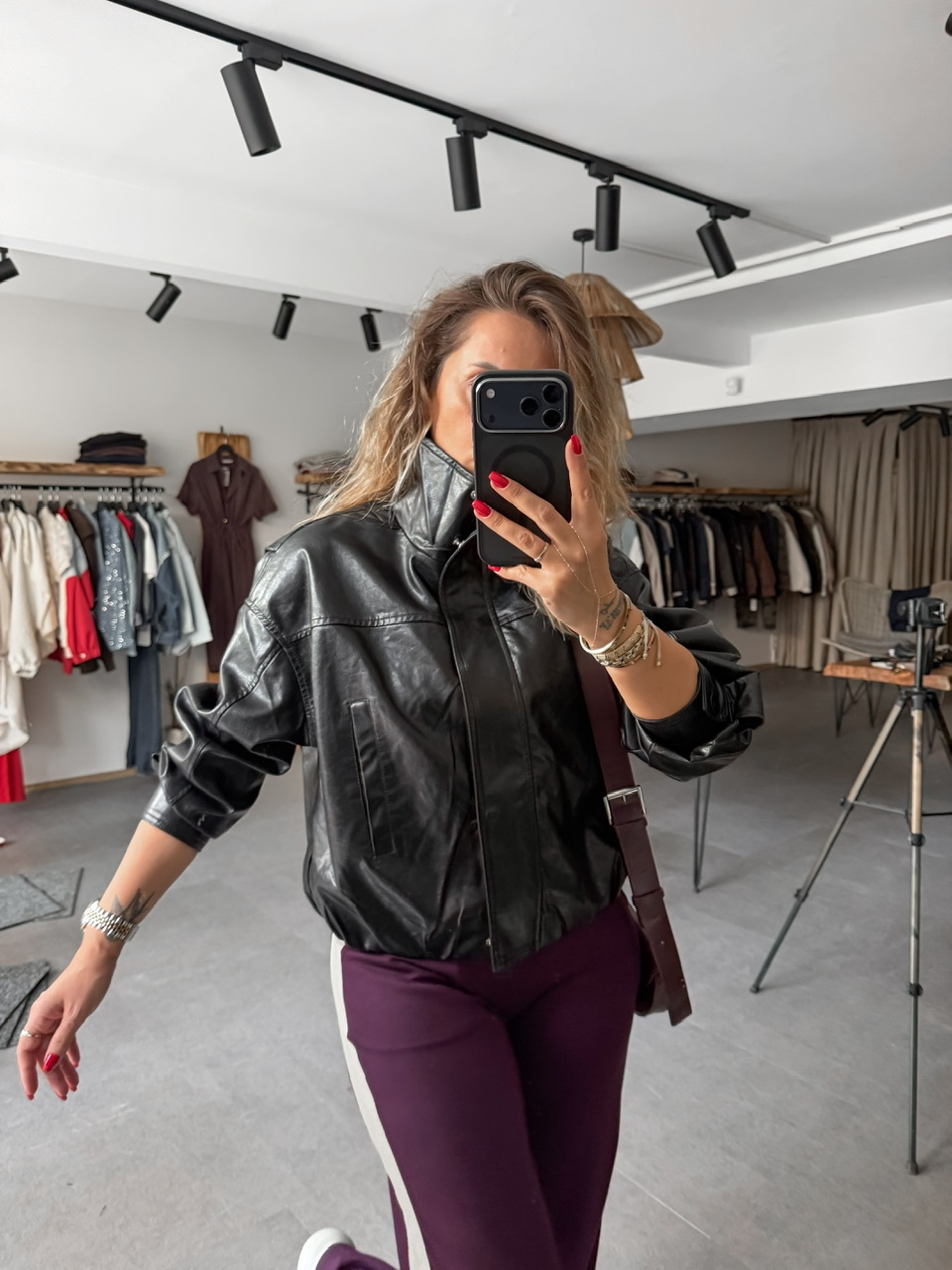 Siyah Beli Lastikli Biker Deri Ceket