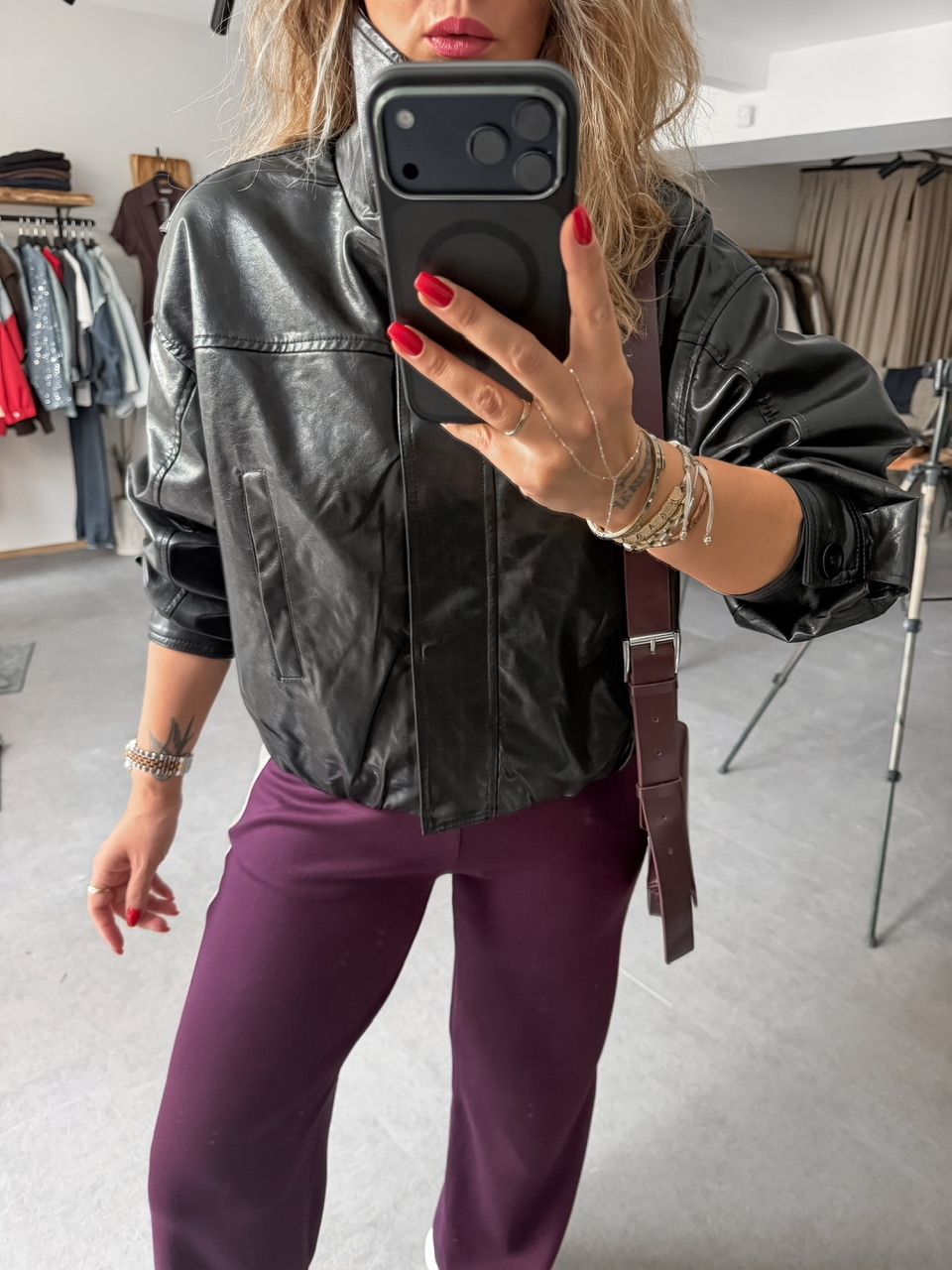 Siyah Beli Lastikli Biker Deri Ceket