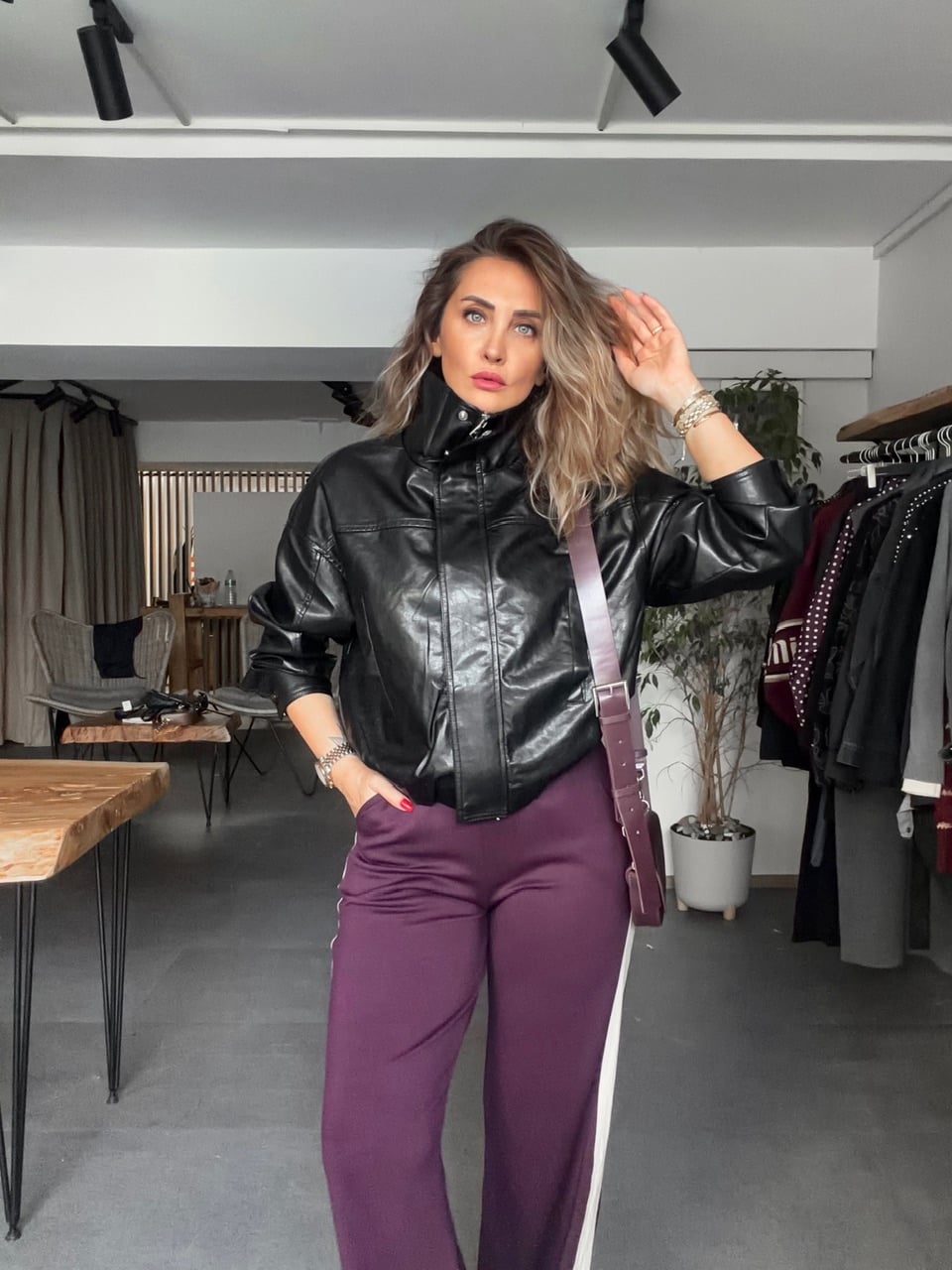 Siyah Beli Lastikli Biker Deri Ceket