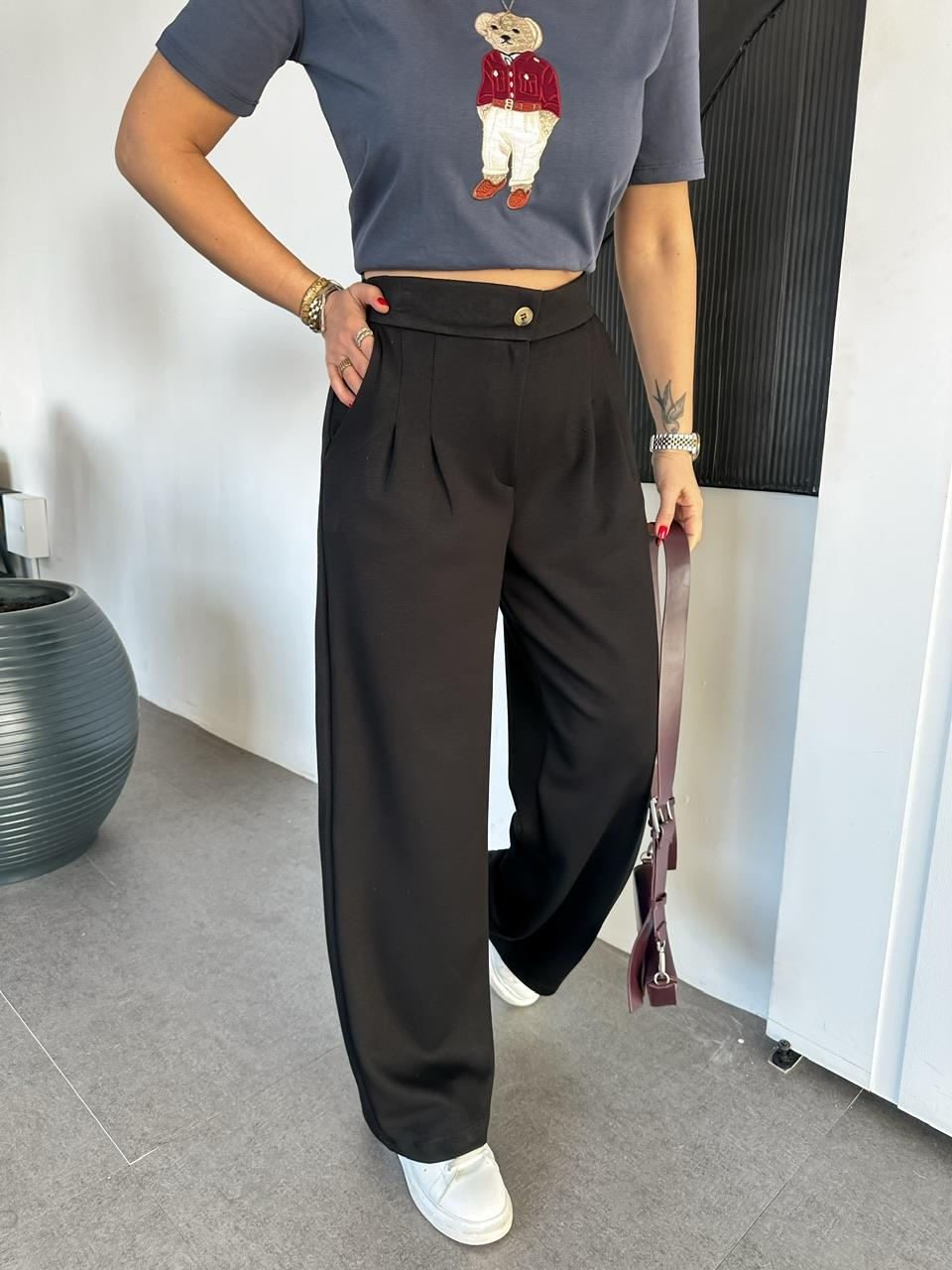Siyah Beli Lastikli Modal Bol Pantolon