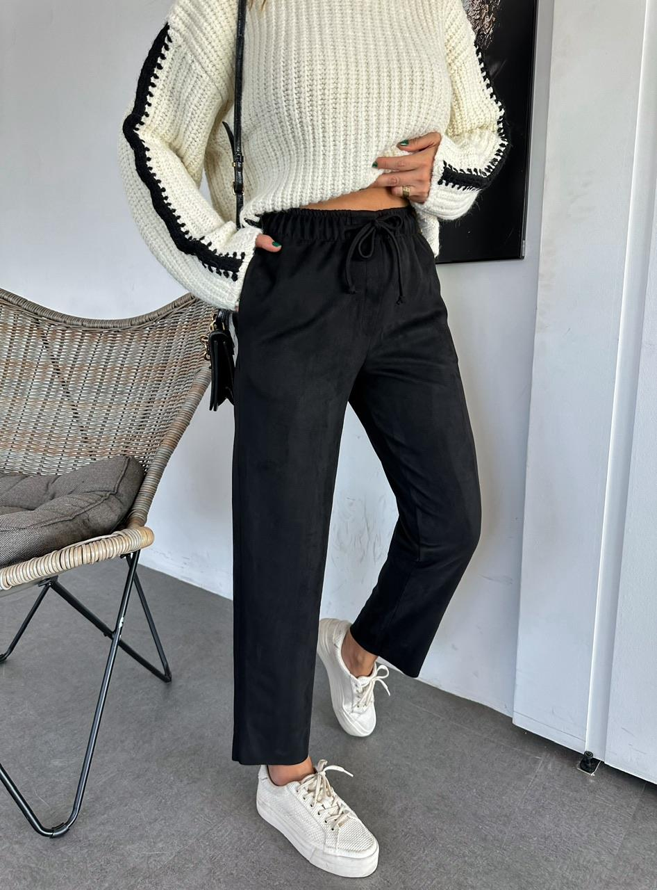 Siyah Beli Lastikli Süet Pantolon