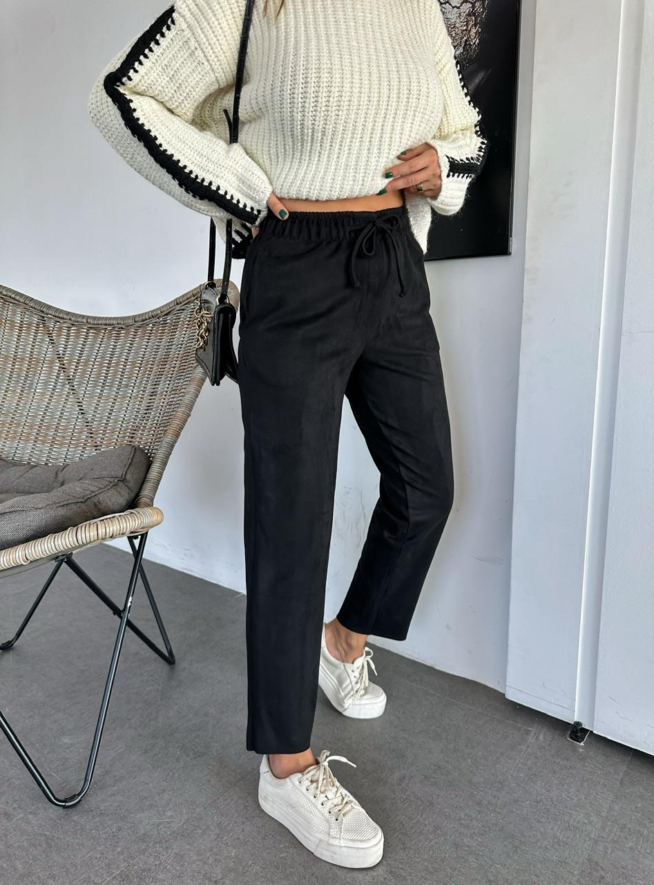 Siyah Beli Lastikli Süet Pantolon