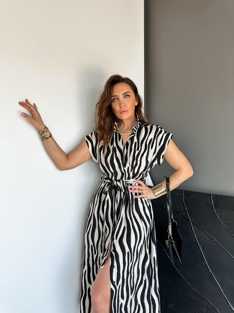 Siyah Beli Pensli Zebra Elbise