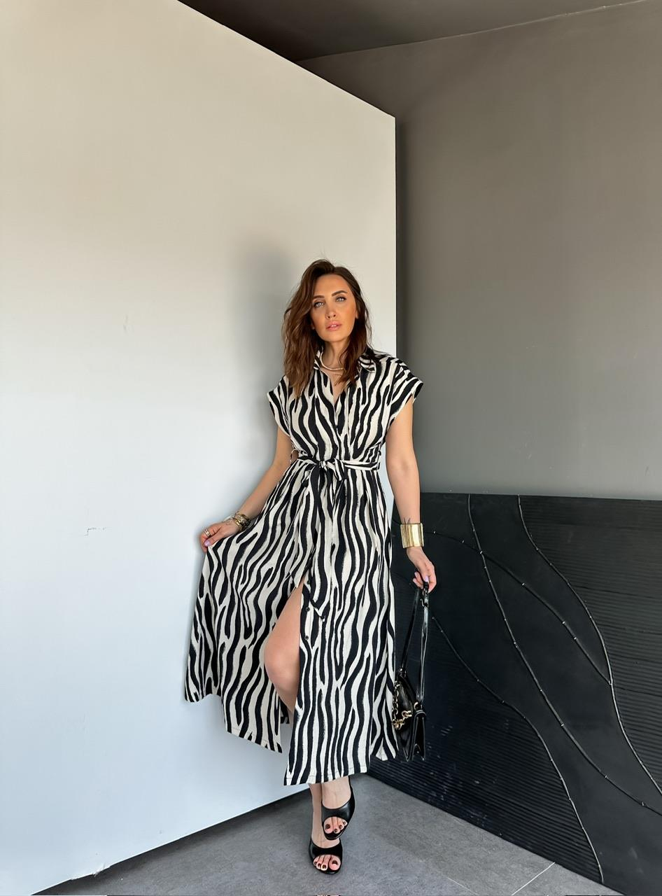 Siyah Beli Pensli Zebra Elbise
