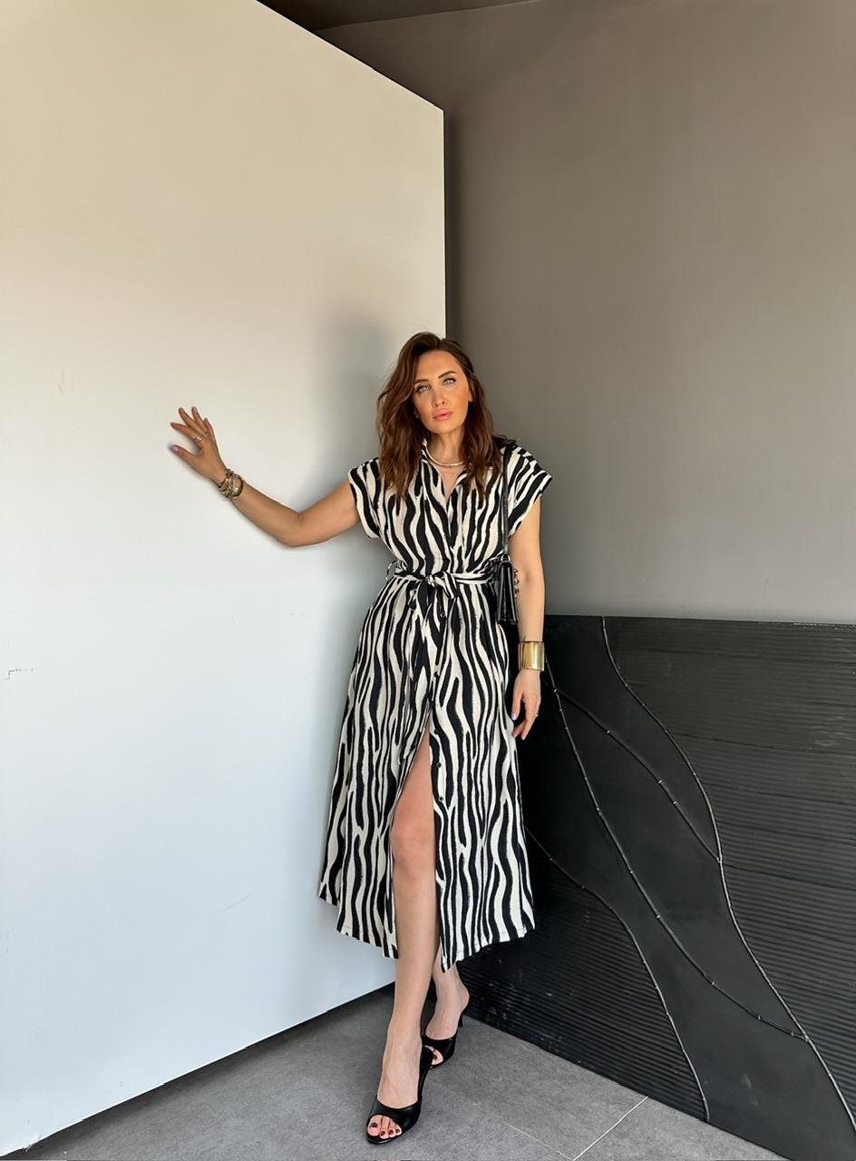 Siyah Beli Pensli Zebra Elbise