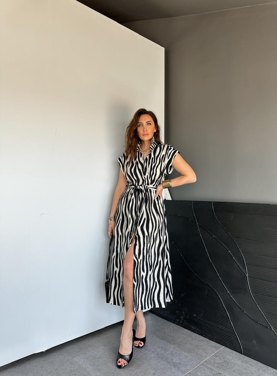 Siyah Beli Pensli Zebra Elbise