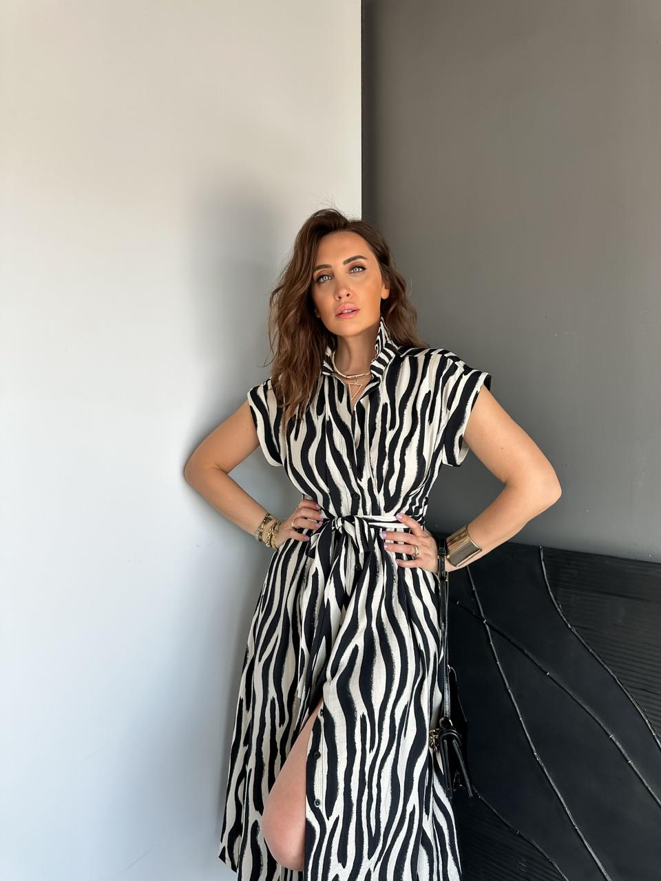 Siyah Beli Pensli Zebra Elbise