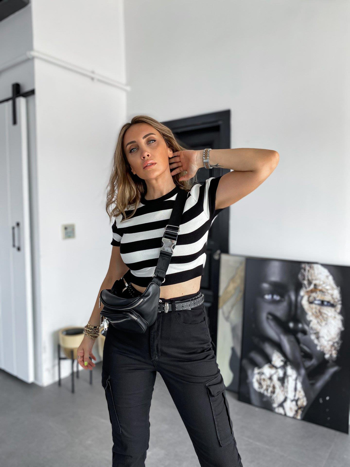 Siyah Beyaz Çizgili Kısa Kollu Crop
