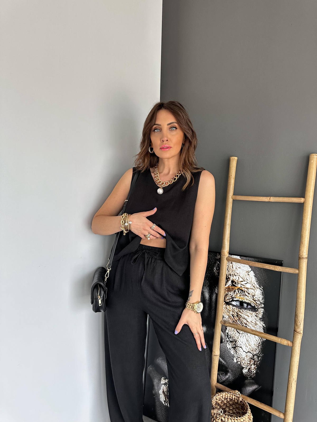 Siyah Bluz Pantolon Keten Takım