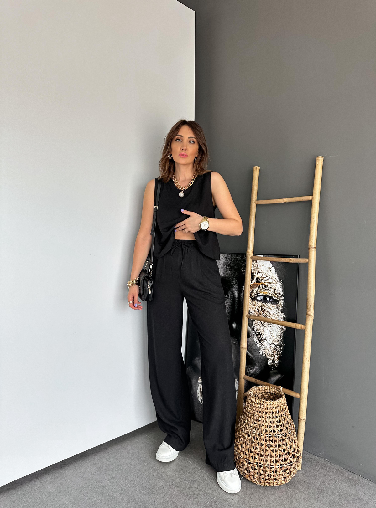 Siyah Bluz Pantolon Keten Takım