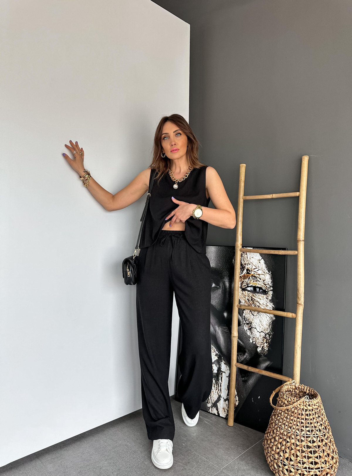 Siyah Bluz Pantolon Keten Takım