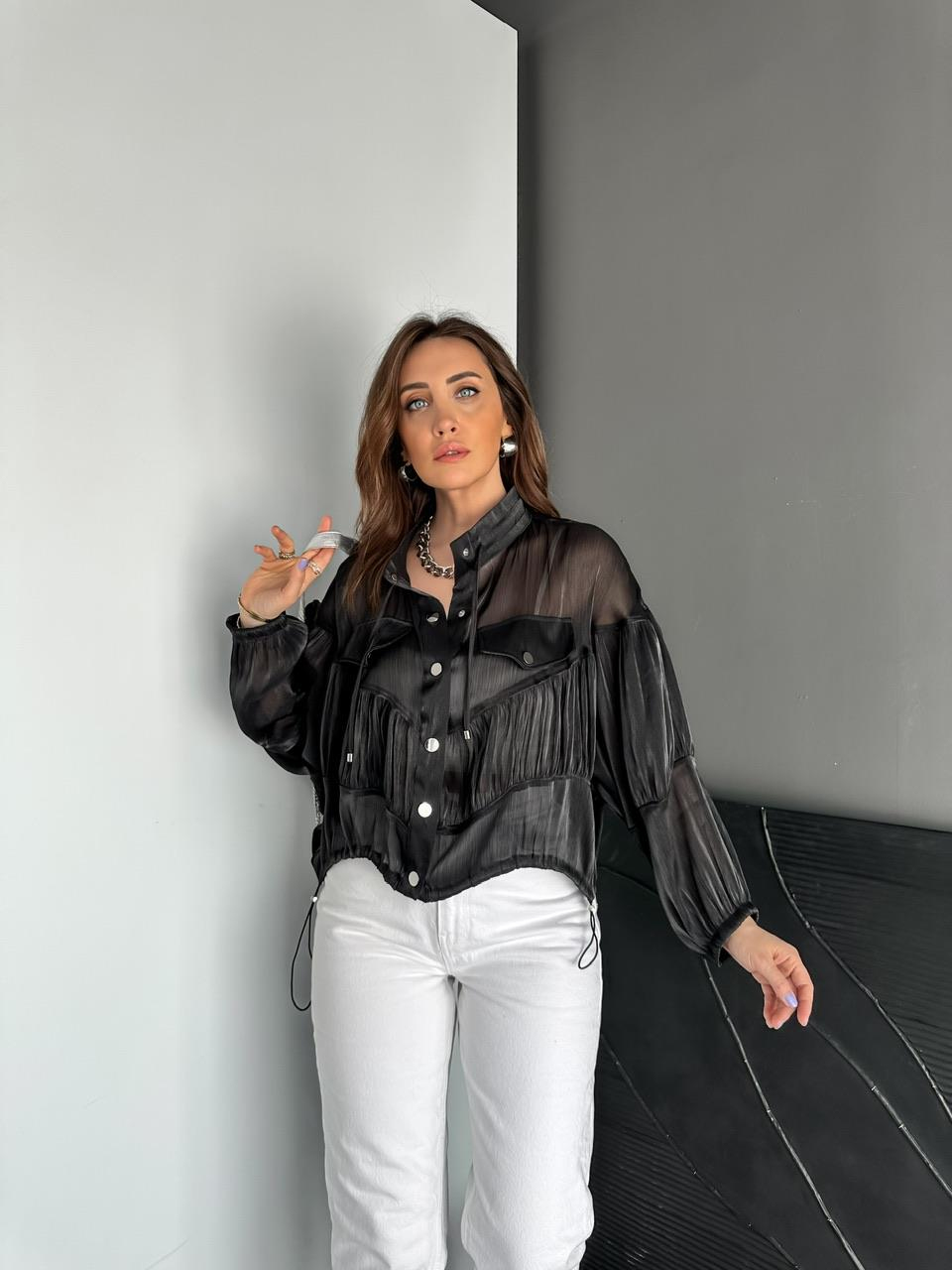 Siyah Büzgülü Tasarım Şifon Ceket