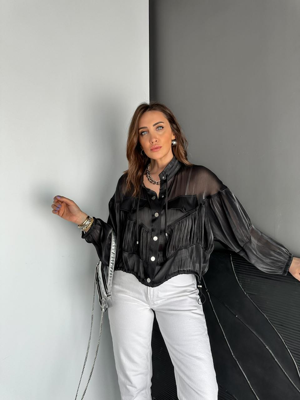 Siyah Büzgülü Tasarım Şifon Ceket
