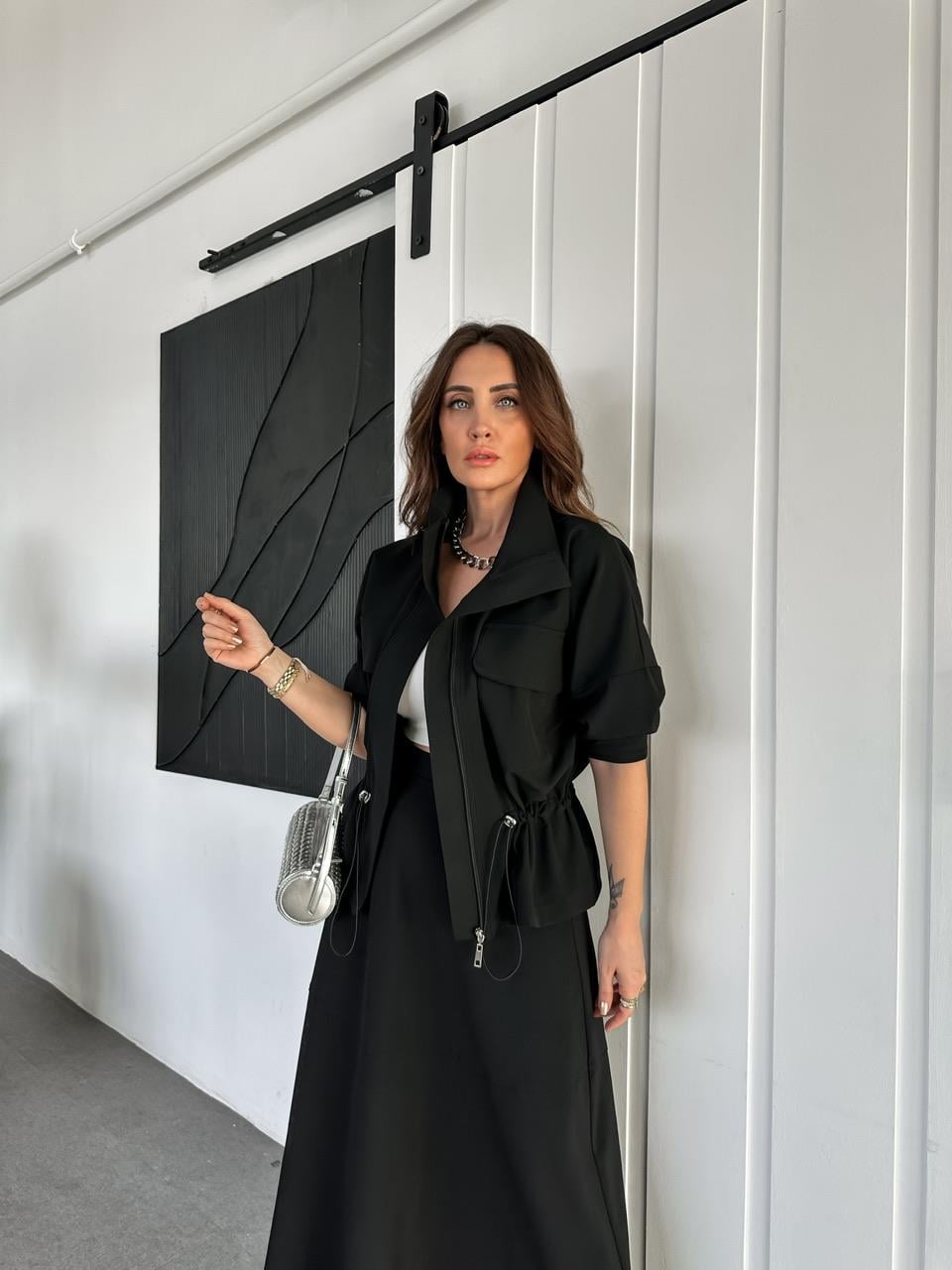 Siyah Büzülebilir Ceket Etek Spor Takım