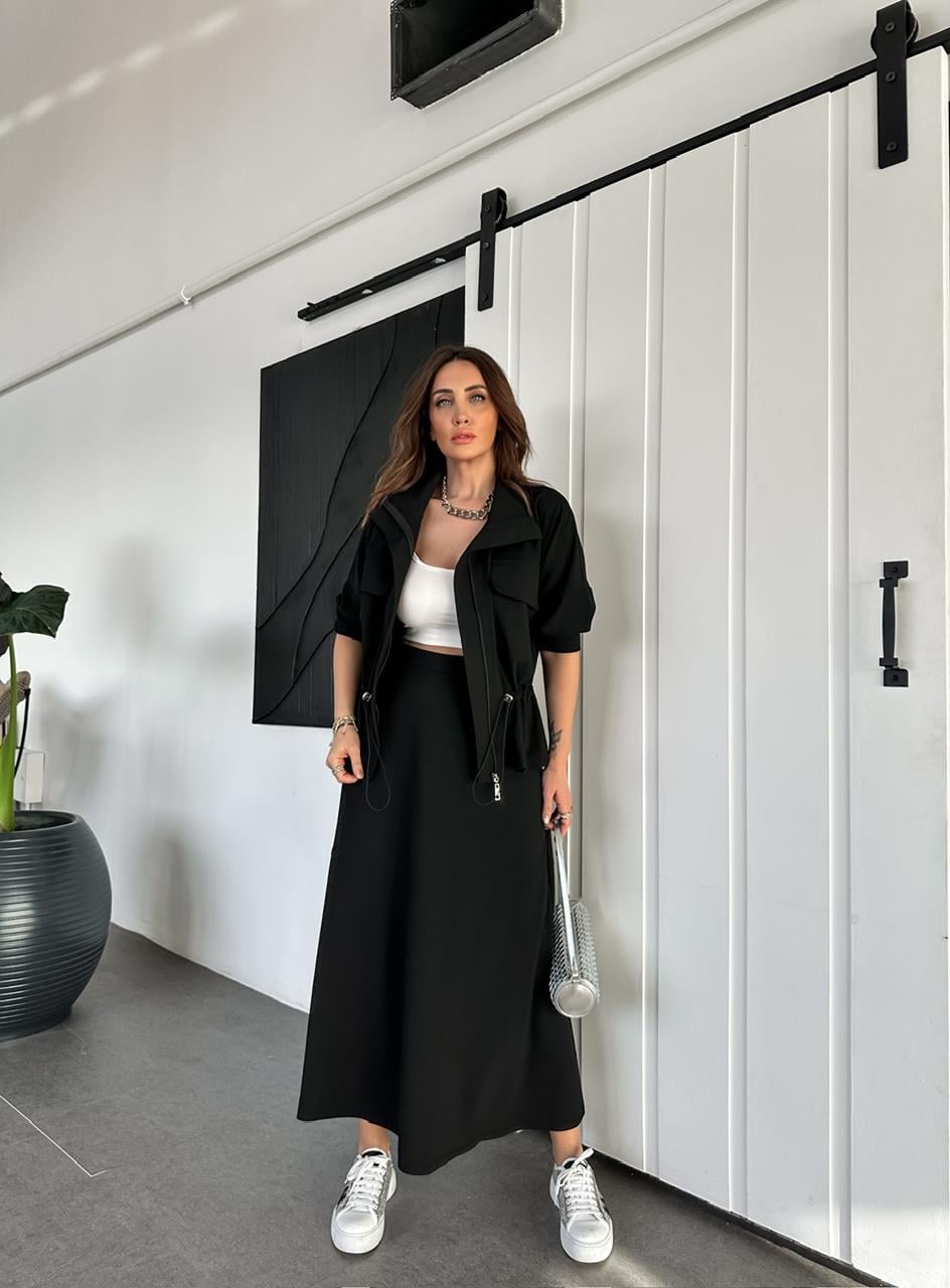 Siyah Büzülebilir Ceket Etek Spor Takım