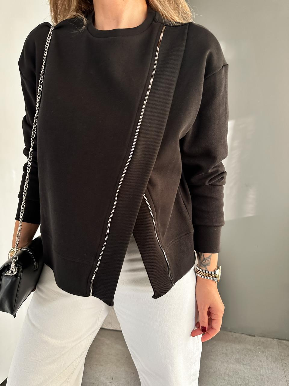 Siyah Çapraz Fermuarlı Tasarım Sweatshirt