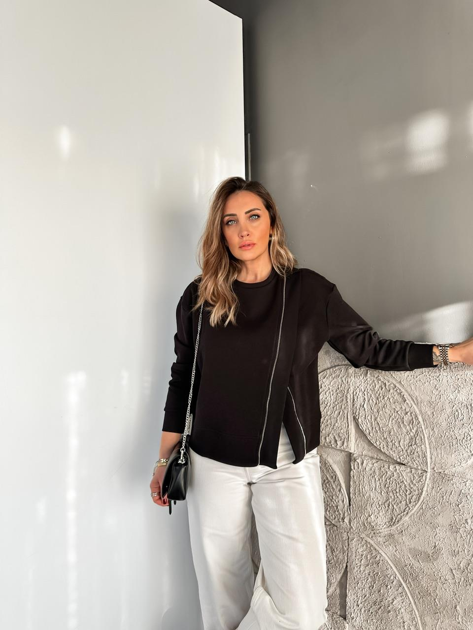 Siyah Çapraz Fermuarlı Tasarım Sweatshirt