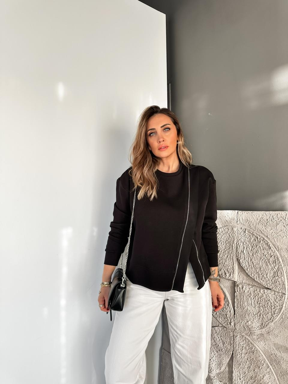Siyah Çapraz Fermuarlı Tasarım Sweatshirt