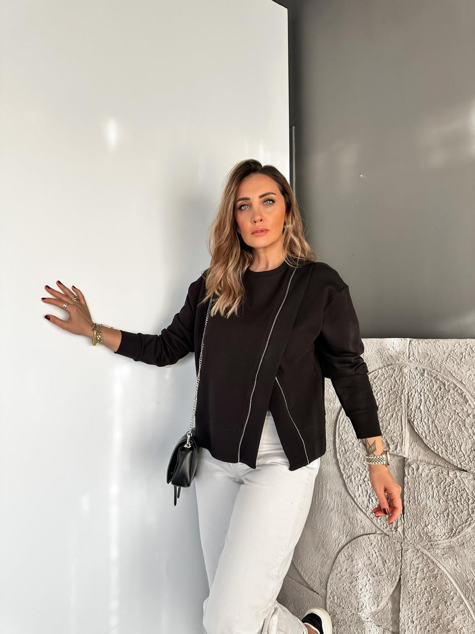 Siyah Çapraz Fermuarlı Tasarım Sweatshirt