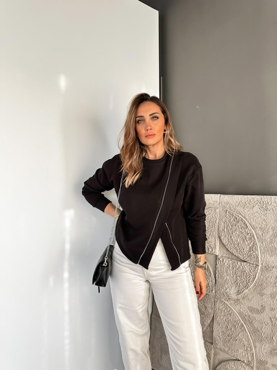Siyah Çapraz Fermuarlı Tasarım Sweatshirt