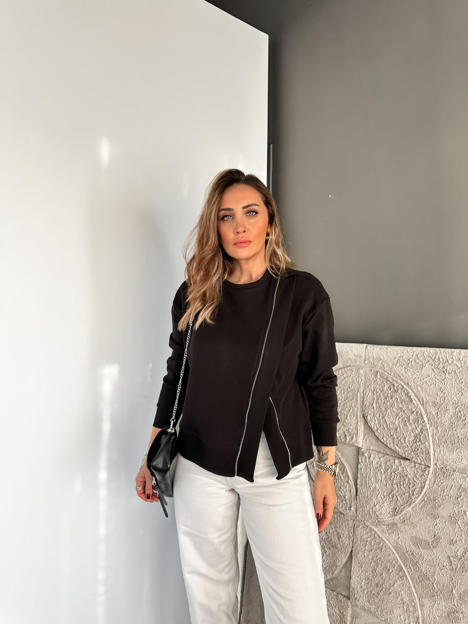 Siyah Çapraz Fermuarlı Tasarım Sweatshirt