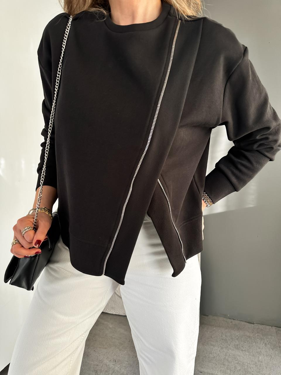 Siyah Çapraz Fermuarlı Tasarım Sweatshirt