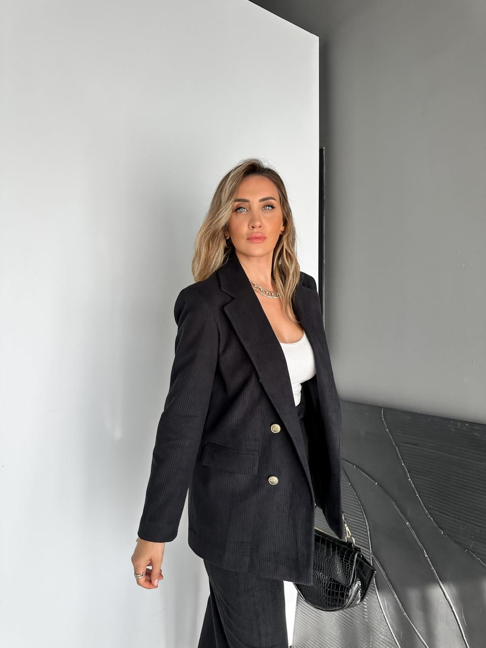 Siyah Ceket Pantolon Fitilli Kadife Takım