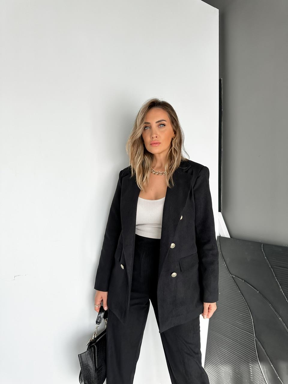Siyah Ceket Pantolon Fitilli Kadife Takım