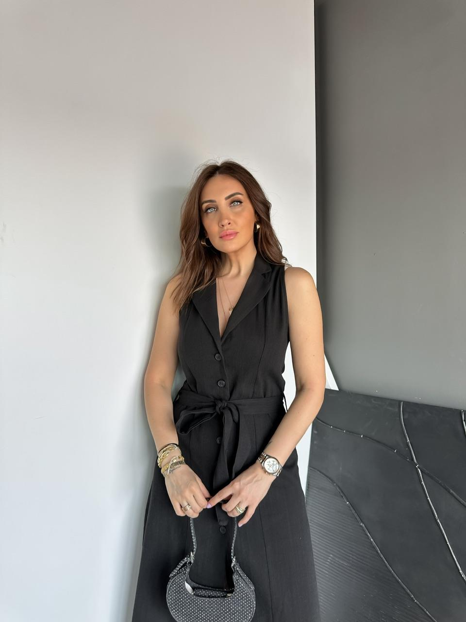 Siyah Ceket Yaka Düğmeli Keten Elbise