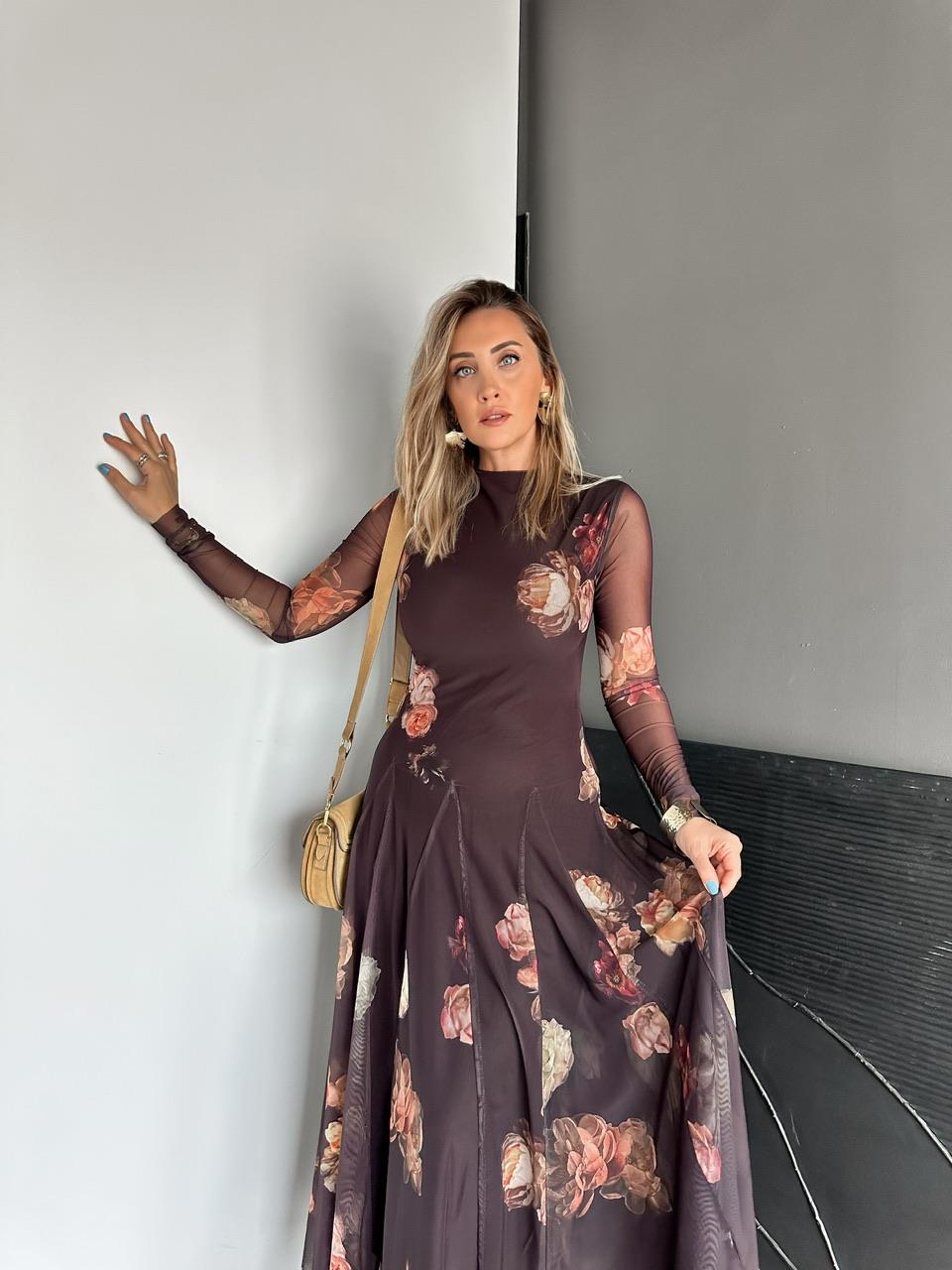 Siyah Çiçek Desenli Tül Elbise