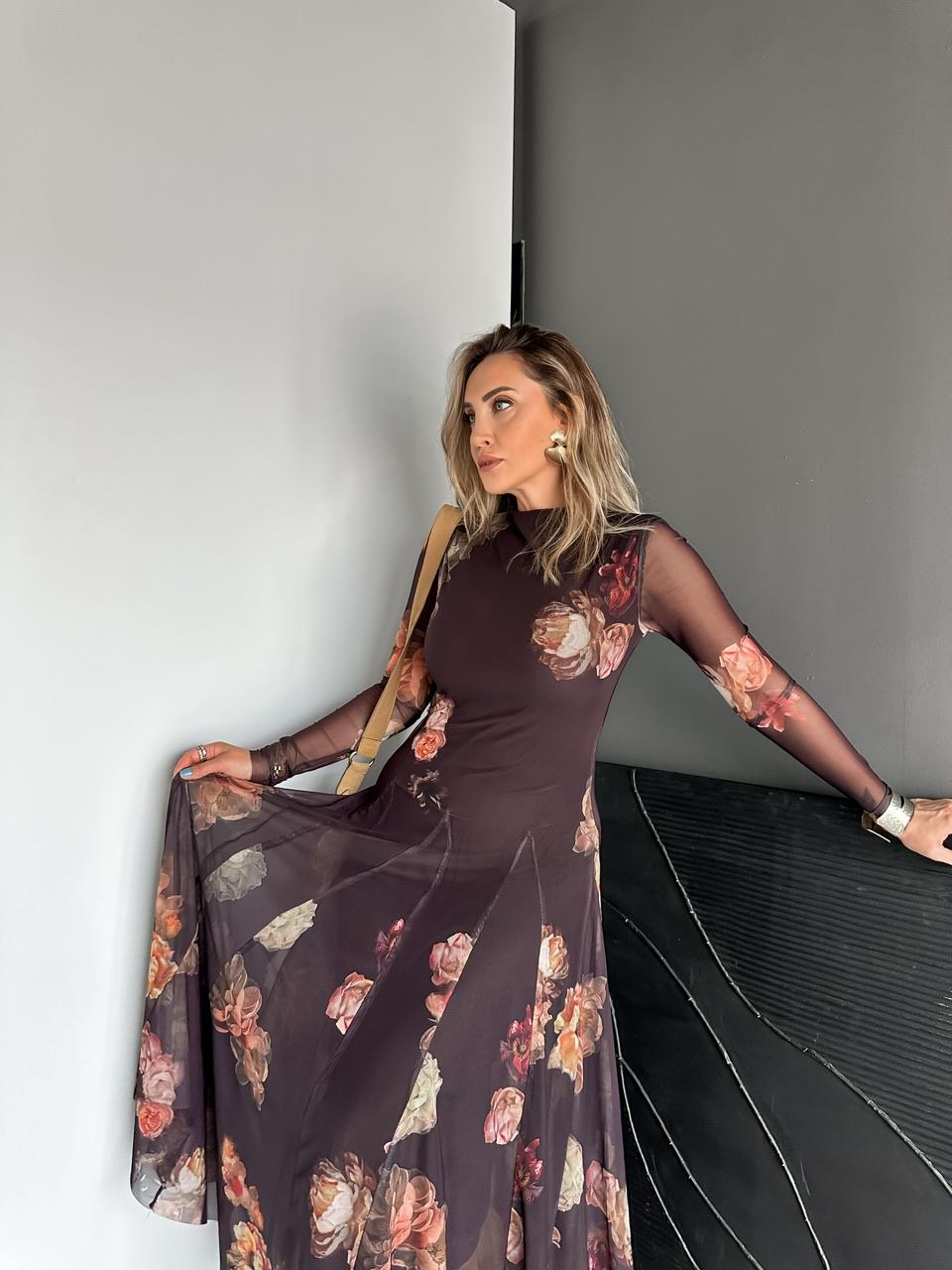 Siyah Çiçek Desenli Tül Elbise