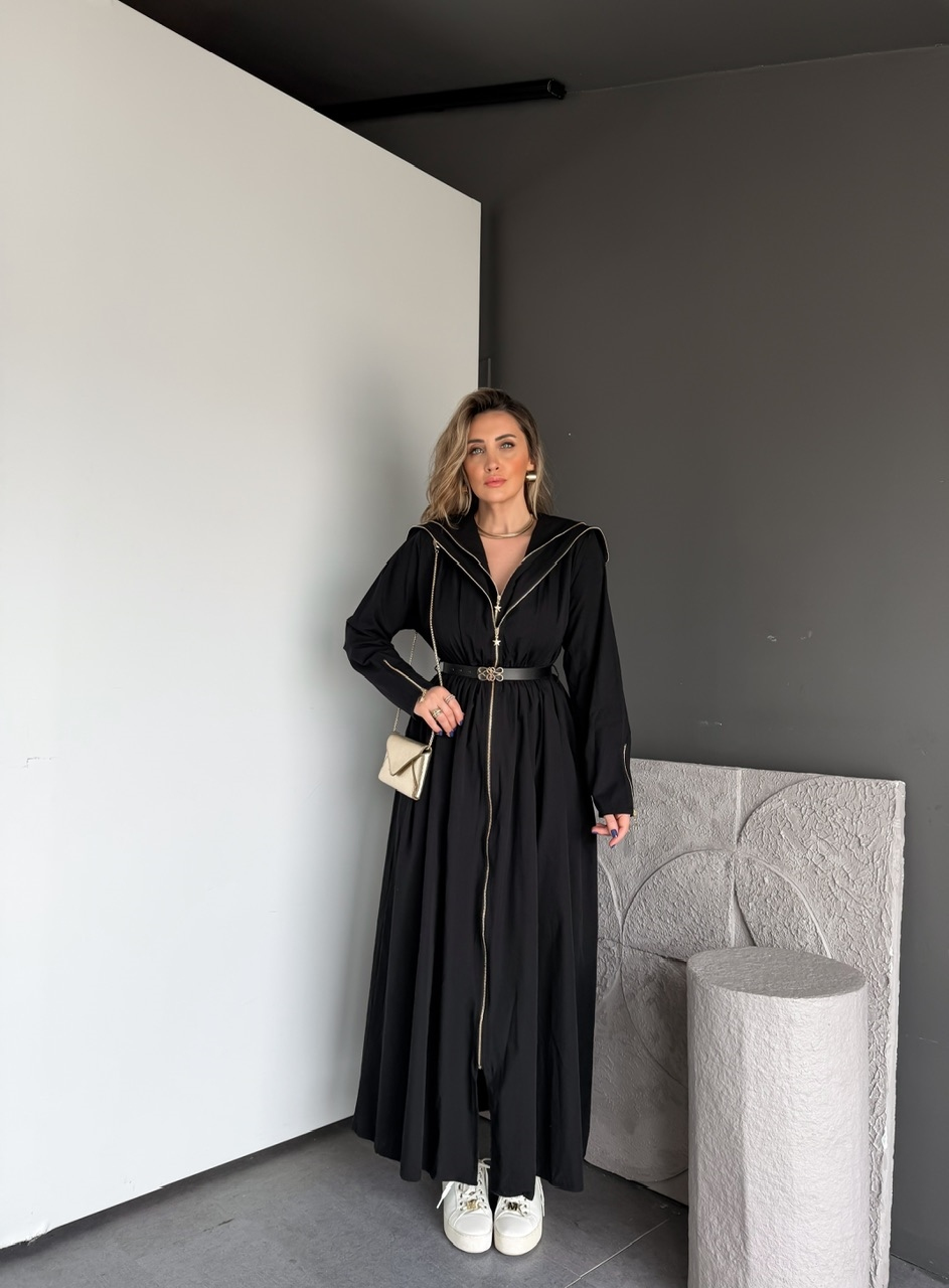 Siyah Çift Fermuarlı Kemerli Elbise