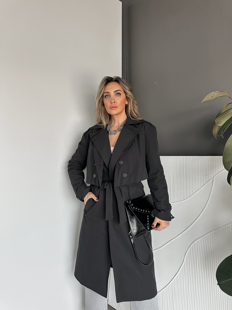 Siyah Çift Parçalı Tasarım Kuşaklı Trençkot